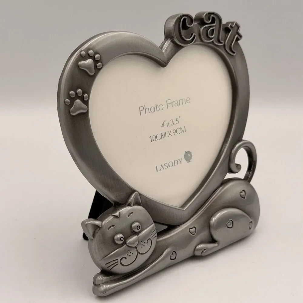 LASODY Cat Picture Frame Heart 4x3.5 Silver Tone Paw Prints Kitty Pet Decor
